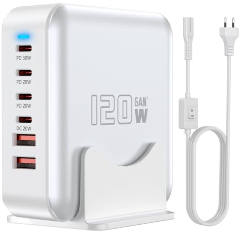 Schnellladegerät, USB C, Adapter für GaN Hub mit 6 Ports, 120 W, Netzteil, Multi-Ladegerät, USB C für iPad iPhone 17 16 15 14 13 12 Pro Max Galaxy S23 (Weiß)