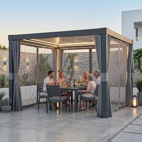 SUNJOY Lamellen-Pergola 3x3 m mit Solar-LED-Beleuchtung, verstellbarem Dach & integriertem Abflusssystem, Aluminium-Konstruktion inkl. Sichtschutzvorhänge & Moskitonetze, Outdoor-Schutz für Terrasse