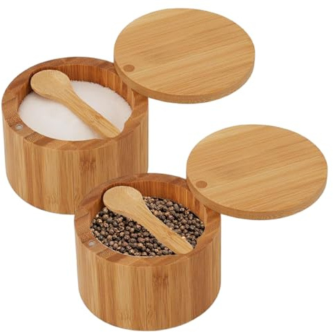 Hperu Cuencos para sal y pimienta, 2 recipientes de bambú para sal y pimienta con tapa giratoria cuchara integrada, caja de almacenamiento redonda para especias de hierbas azucaradas