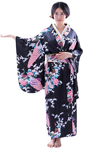Kimono Donna Giapponese in Satin 3 Pezzi con Caftano Lungo,Obi e Supporto Posteriore Vestaglia Sposa Estiva Costume Carnevale Geisha Accappatoio Hawaiana Yukata Camera Elegante Copricostume Mare,Nero