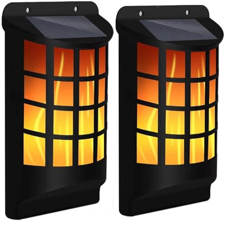 Livhome 2 Pack Solar Wall Lights with Flickering Flame Effect, 60 LED Waterproof Outdoor Solar Torch Lamps for Garden, Pathway, Patio, Balcony & Yard