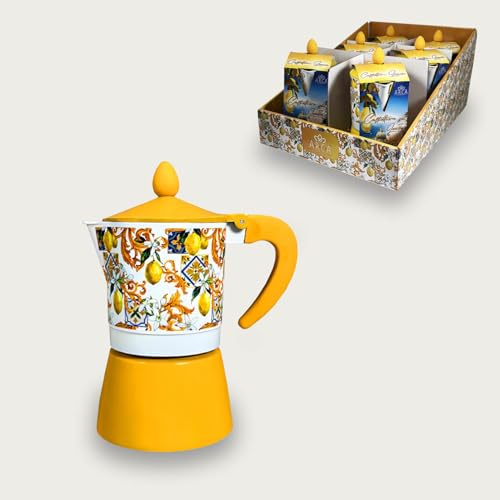 ARCA, Caffettiera Moka Tazze 1, Gialla con Decorazione Limoni e Maioliche, Stile Mediterraneo, in Confezione Regalo (tazze 1)