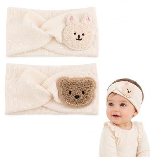 Lot de 2 Bandeaux Bébé Fille – Bandeau avec motifs Lapin et Ours, Accessoires Cheveux Nouveau-Né, Turban Élastique en Tissu Doux pour Bébé Filles et Tout-Petits