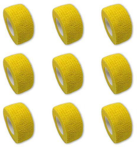 Set di 9 bendaggi per dita, cerotti senza colla, 2,5 cm x 4,5 m, elastici, idrorepellenti, coesivi, colore: giallo