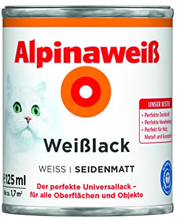 Alpinaweiß Weißlack – seidenmatt – Universallack für den Innen- und Außenbereich – hochdeckend, wetterbeständig & schnelltrocknend – für optimale Lackier-Ergebnisse – 125 ml
