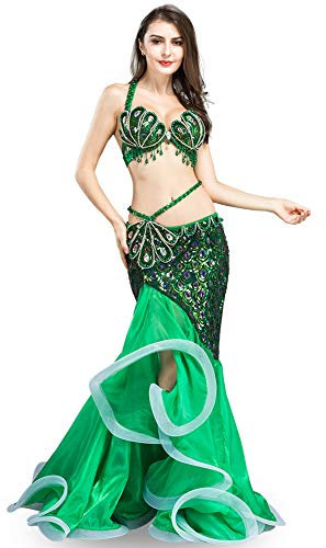 ROYAL SMEELA Bauchtanz Kostüm für Damen Bauchtanz BH Top Meerjungfrau Bauchtanz Rock Tanzen Outfit Karneval Kostüme, Grün , Mittel