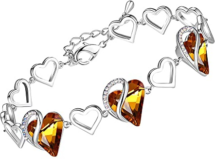 Leafael Valentine's Day Gift Bracelet, Infinity Love November Birthstone Heart Crystal Link Bracelet, Golden Yellow Shade, Silver-Tone Jewelry for Wife Mom Her, 7 + 2 Adjustable Chain