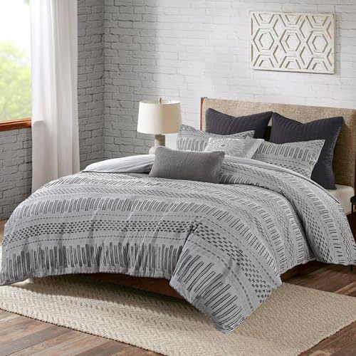 INK+IVY Rhea 100% Cotton Duvet Set Mid Century Modern Boho Design, All Season Comforter Cover Bedding Set, Matching Shams, King/Cal King, Geometric Clipped Jacquard Grey 3 Piece