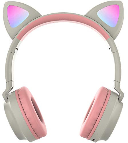 BAIAA Oreillette Bluetooth Oreille de Chat, Casque de Jeu de Filles Mignonne Montée sur la Tête Lumineuse avec Oreillettes Ajustables en Mousse à Mémoire pour PC, Portable, Mac, PS4 (Gris)