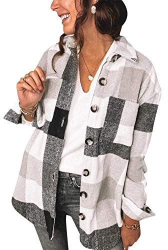 OMZIN Veste à Carreaux Boutons pour Femme Surchemise Courte à Manches Longues avec Poches à Carreaux Casual Chemise avec Poches Noir XL