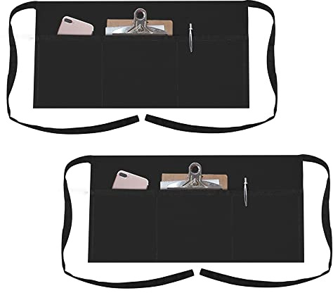 TopTie 2-pack 3 fickor servitris midjeförkläde, restaurang halvförkläden, polyester bomull, 61 cm B x 30 cm H – svart