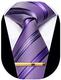 YourTies mäns slipsar randig slips och rutiga slipsar för män vävd siden slips guld slipsnål set, Lila grå Randig, One Size