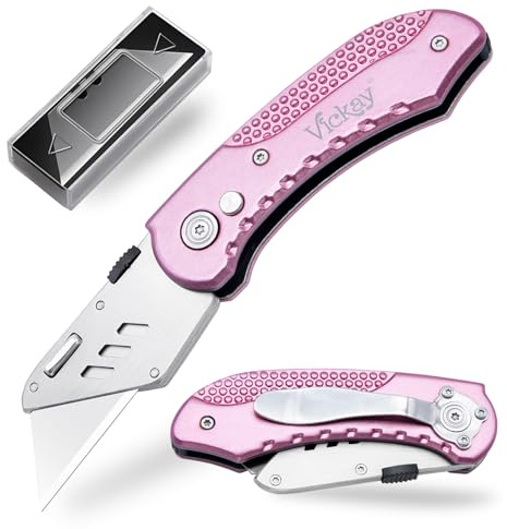 Vickay Box Cutter Utility Knife Heavy Duty with 5 SK5 Quick Change Blades, Safety Axis Lock Design Razor Knife, Lightweight Aluminum Body Belt Clip for Office (Pink)