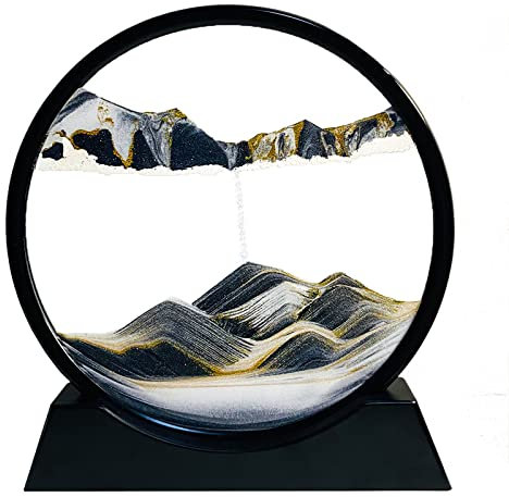 Pinturas de Arena Que Fluye - Cuadro de Arena Dinámico, Paisaje de Vidrio Redondo 3D,Imagen de Arena en Movimiento, Reloj de Arena Decoración Arte para Oficina hogar Sala Escritorio（Negro, 12）