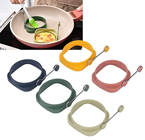 5 Piezas de Anillos para Freír Huevos, Anillos de Silicona de Doble Cara para Huevos, Cuadrado, Redondo, Doble Uso, Molde para Tortillas con Mango Plegable, Antiadherente, para Hacer Huevos Mcmuffin P