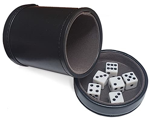 Black PU Leather Dice Cup, Dark Grey Premium Felt Lined with Removable Matching Lid Cover Tray, Plus (6) 16mm D6 White Dice Squared Corners