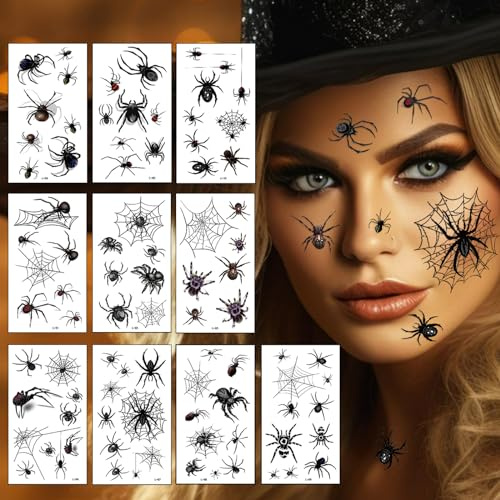 Gesichtstattoo Karneval, 10 Blätt Spinnen Tattoo Karneval Gesicht, Realistisch Spinnennetz Temporäre Tattoos Schminke Make Up für Fasching Halloween Erwachsene Kinder