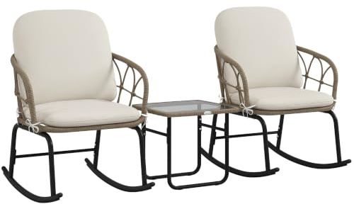 Outsunny 3-TLG. Rattan Schaukelstuhl-Set, 1 Couchtisch, mit Kissen, Creme | Gartenmöbel-Set, mit 2 Schaukelstühlen, Gartensitzgruppe, für Balkon, Terrasse