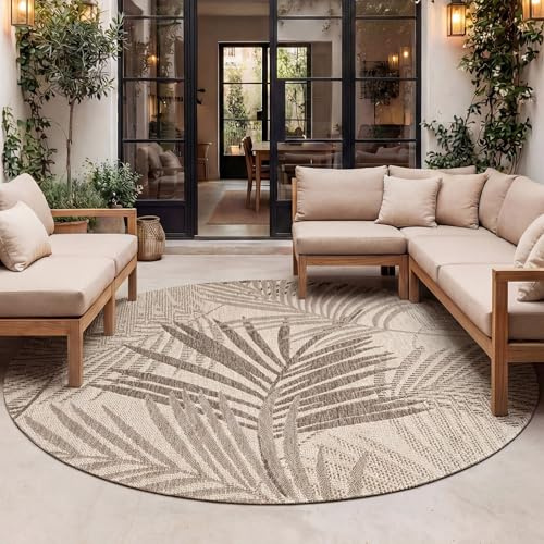 In- & Outdoor Teppich Rund - Tiga Palm Taupe - Ø 120 cm | Wetterfest - Synthetik, Polypropylen - Wohnzimmer, Balkon, Garten / Terrasse - Terrasse teppich - Outdoor rug
