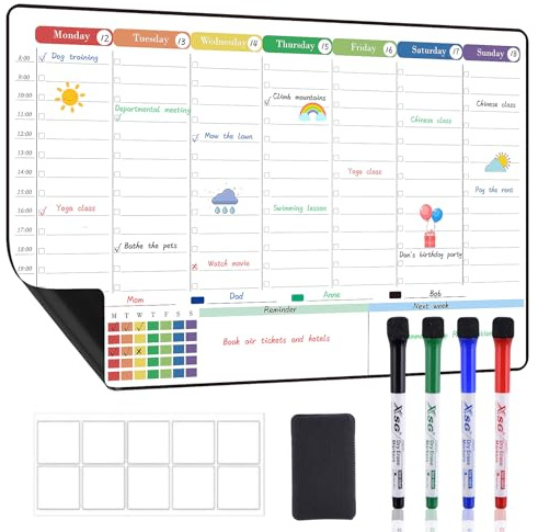 POPRUN Magnetisk kalender veckoplanerare whiteboard för kylskåp, A3 familjeschema planerare med tidsplatser, återanvändbar whiteboard för whiteboard, måltidsplaneringstavla måndag till söndag