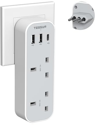 TESSAN UK to Italy Plug Adapter,Italian Travel Adaptor with USB C | 2 Way Grounded Type L Adapter with 3 USB Ports (1 USB C) for Italy Chile Ethiopia Libya Syria Tunisia Uruguay