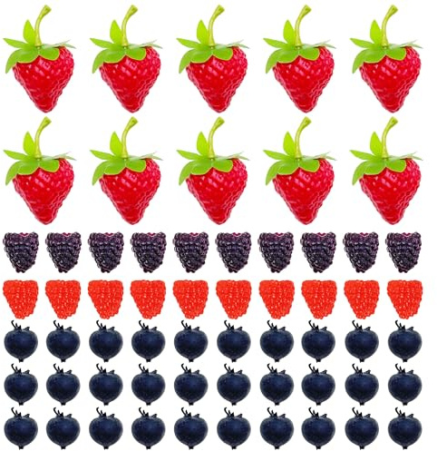 Woohome 60 PCS Fake Fruit Fake Blueberries Fake Strawberries Simulation Fake Strawberry for Party Decor Home Kitchen Photography Prop