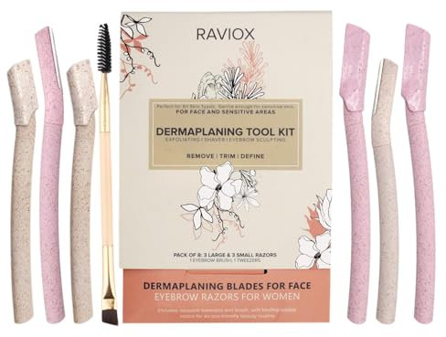 Eyebrow Razor Set for Women – 6 Dermaplaning Blades for Face with Tweezers & Eyebrow Brush – Facial Hair Removal, Exfoliating, Eyebrow Shaping & More