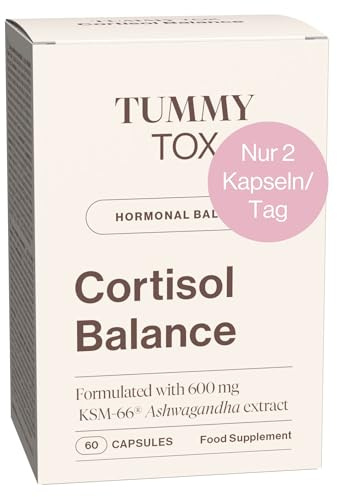 Tummy Tox Cortisol Balance - Ashwagandha KSM 66 600 mg, Rhodiola Rosea, Magnesio, Vitamina B6 y Vitamina B5 - Antiestres, Ansiedad - 60 Cápsulas para 30 Días