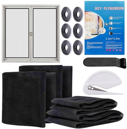 Lotvic Mosquitera para ventana, 6 unidades, protección contra insectos, 130 x 150 cm, mosquitera, ventana con cinta de velcro autoadhesiva, crimpadora de bordes, abrecartas, protege a la familia de
