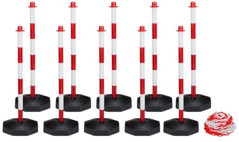 IWOFER Set mit 10 Absperrpfosten aus Kunststoff mit 12,5 m weißer und roter Kette – Sicherheitsbarriere für Zugangsbereiche, ideal für Signalisierung, Events und Baustellen (10)