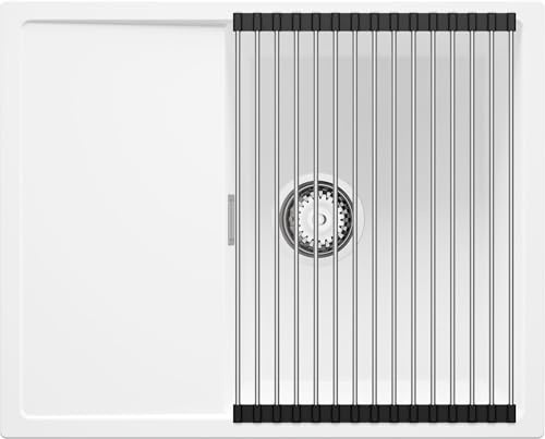 PRIMAGRAN Fregadero Cocina al Mueble 45cm + Kit de desagüe, 62x50cm | Set: Kit de desagüe (sifón, válvula, rebosadero) + Enrollable Escurridor + Ibiza 1 Seno Granito, Blanco