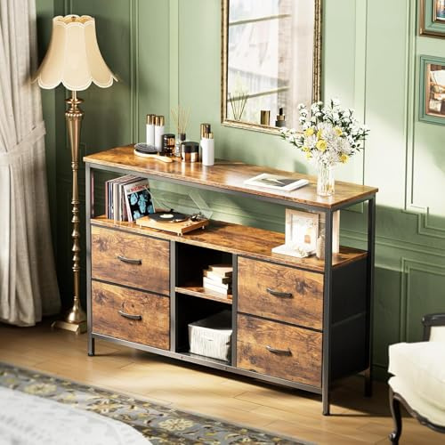 FEEOHOME - Mueble de TV LED, soporte para TV de 42 pulgadas, mesa de TV con 4 cajones de madera y estantes de almacenamiento, marco de acero, para salón o dormitorio