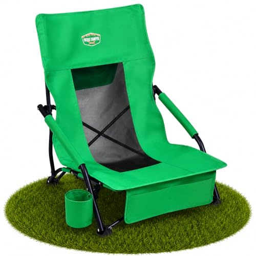 Fuchs Camper Strandstuhl klappbar leicht – Niedriger Campingstuhl mit hoher Rückenlehne – Faltbarer Outdoor-Stuhl mit Getränkehalter & Taschen – Bis 180 kg belastbar – Grün