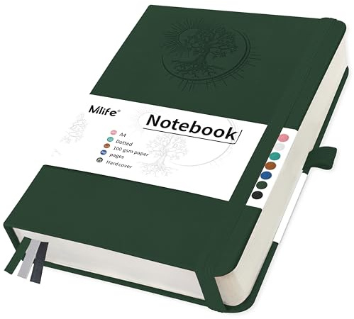 Mlife Notizbuch A4 Dotted mit Lebensbaum-Design,360 Seiten,100gsm Liniert Papier,PU-Cover Notizbuch,Elastisches Band,Stifthalter,3 Lesezeichen-für Frauen Männer,21.3 * 28.1cm（Dunkelgrün）