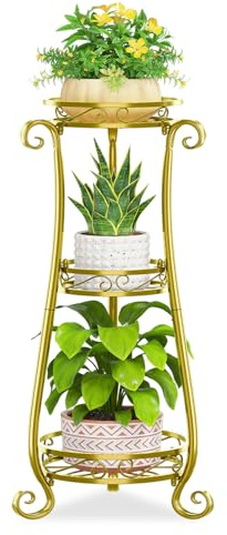 JC-Houser 3 Etagen Blumenständer Pflanzenständer Blumenetagere Pflanzenregal aus Metall für große Töpfe Indoor Outdoor, hohes stabiles Blumen Gestell Regal Stand für Balkon Büro Bad Ecke, Gold