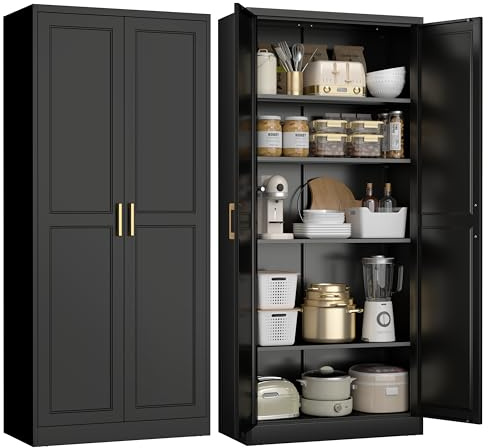 UNICOLY 71 Kitchen Pantry Cabinet, Pantry Storage Cabinet with Doors and 4 Shelves, Metal Storage Cabinets for Kitchens, Living Room, Dinning Room, Assembly Required, Black