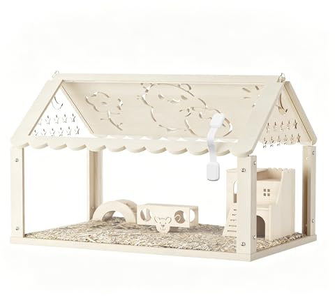 Hamsterbur, 60 x 30 x 40 cm trä hamsterbur med gömställe i villastil, bågbro och genomfart, transparent råttbur för syriska hamstrar, dvärg hamstrar och marsvin