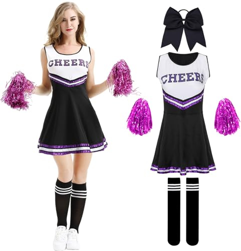 Moerstar Cheerleader Kostüm Damen, Cheerleading Outfit mit Cheerleader Pompons Haargummi Socken, Faschingskostüm Damen für Karneval Party Cosplay