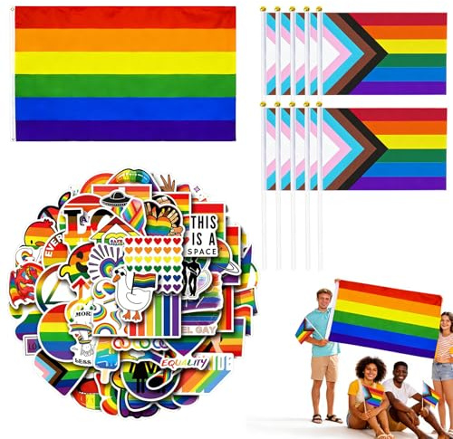 RUINUVYS Drapeau LGBT Progressif 150x90 cm, avec 10 Mini-Drapeaux (14x21 cm) et 55 Autocollants, en Polyester résistant, pour événements, Festivals et Soutien à la communauté