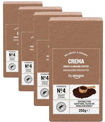 by Amazon Espresso Crema Roast & Ground Coffee Strength 4 Medium Strong, 250g (Pack of 4)
