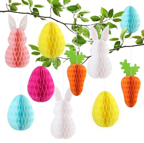 Sunyunze 12 Stück Ostereier Papier Osterhasen zum Aufhängen Osterhase Wabenpapier Wabenkarotte Bunt Wabenbälle für Innen und Draußen Osterdekoration Ostern Party Frühling Deko