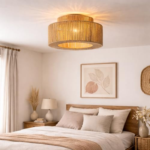 Alpinaluz Plafoniera YUMA Ø38 cm con Paralume Intrecciato in Corda di Juta Beige e Struttura in Ferro, Lampada Artigianale Stile Boho per Soggiorno o Camera da Letto con Illuminazione Accogliente