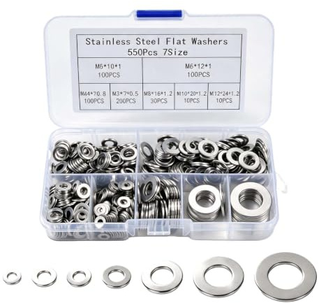 550 Pièces Rondelles en Acier Inoxydable 304, M3 M4 M5 M6 M8 M10 M12 | 7 Tailles Assortiment de Rondelles Plates Metal Inox, pour Vis et écrous Gonds de Porte et Plomberie