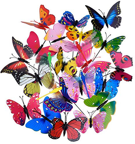 20 Stück Garten Schmetterlinge Stangen und 4 Stück Libellen Stangen Garten Ornamente für Hof Patio Party Dekorationen, Insgesamt 24 Stück (Normal)
