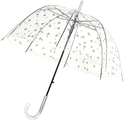 SMATI Paris - Lady’s Clear Birdcage Umbrella in silver color Dots – Transparent; Windproof; Auto open; Crystal style handle; French design ; Dome shape umbrella