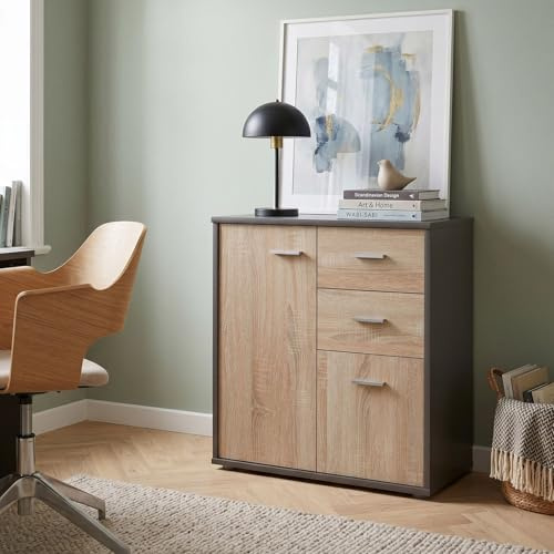 IDIMEX Buffet Salle à Manger Remy L 60 cm Coloris Gris et Sonoma avec 2 Portes et 2 tiroirs bahut Bas Meuble de Rangement Style Moderne Commode vaisselier 60 x 70 x 30 cm