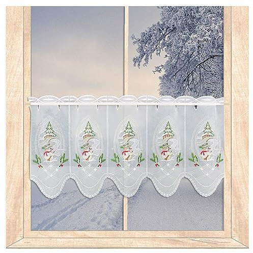 atelier alles-Spitze Winter-Scheibengardine Kleiner Schneemann mit Tannenbaum | Zauberhaft bestickte halbtransparente Kurzgardine | Höhe x Breite 35 x 64 cm