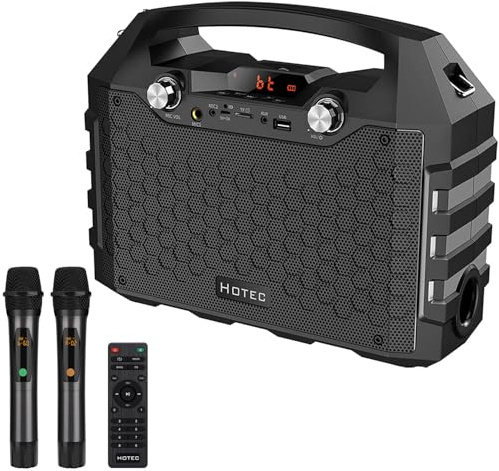 Hotec Wireless Bluetooth Portable PA Speaker System, Powerful Bluetooth Karaoke Machine with Dual Wireless Microphones for Karaoke, Wedding, Party, Teaching, Lecture, Church, Outdoor Indoor Activities