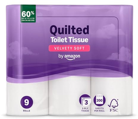 by Amazon Toilet Roll, 3-ply Quilted, Velvety Soft, 9 Rolls (1 Pack of 9), 200 Sheets per Roll, FSC Certified