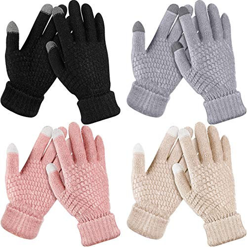 Geyoga 4 Paare Damen Winter Touchscreen Handschuhe Warme Vlies Gefütterte Strickhandschuhe Elastische Manschette Winter Handschuhe (Schwarz, Grau, Rosa, Beige)